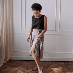 Tie-belt linen skirt with slit, below the knee skirt image 8