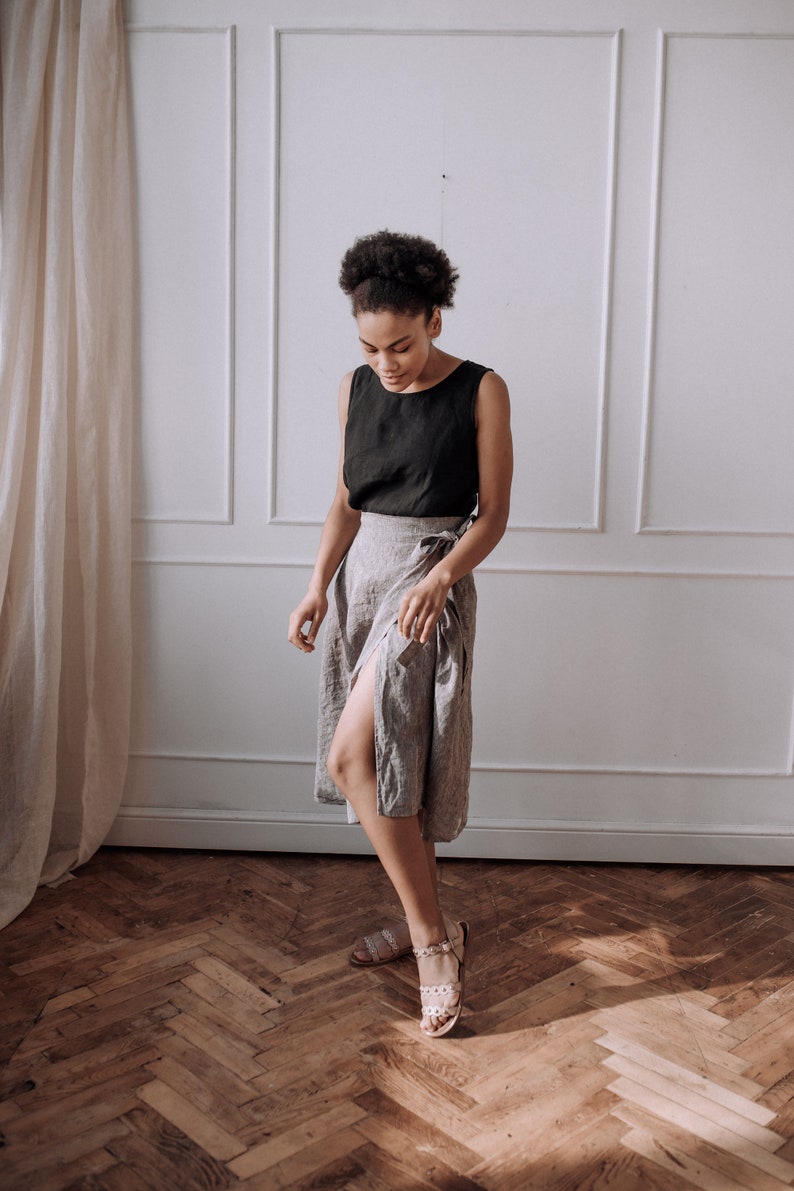 Tie-belt linen skirt with slit, below the knee skirt image 8