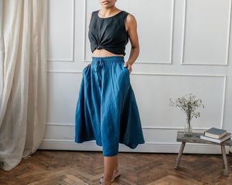 Handmade Linen A-Line Skirt: Elastic Waist Broomstick Skirt