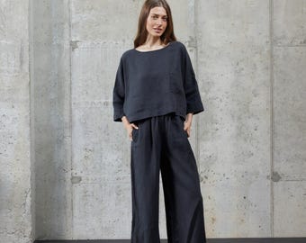 Linen Women Set with Palazzo. Relaxed Set Oversize. Boxy top and Shorts or Pants.