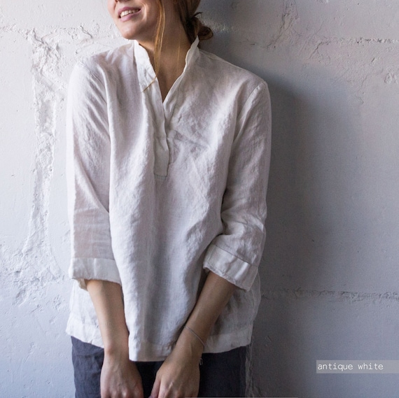 LINEN Shirt LOOSE Tunic , Collar Shirt Oversize Stone Washed