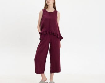 Linen Pajama Set: Sleeveless Ruffle Top & Capri Pants