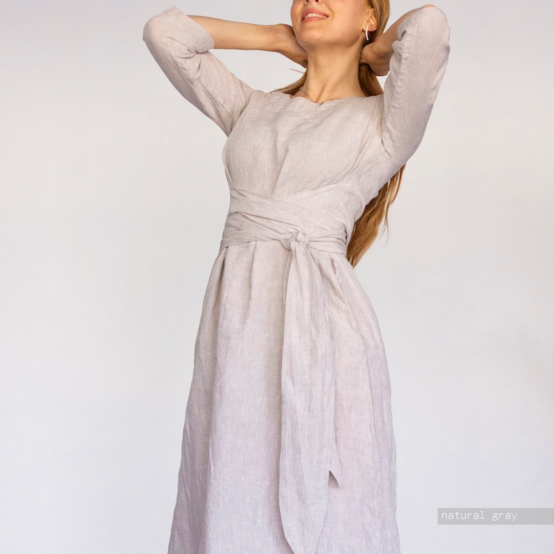 MAXI DRESS, pure linen dress, plus size dress, plus size clothing, long sleeve dress, obi belt dress, pure linen dress image 8