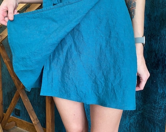 Linen Wrap Mini Skirt: Belted A-Line Summer Skirt
