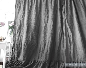 May include: A charcoal gray curtain panel featuring a gathered ruffle along the top edge and a wide, gathered ruffle along the bottom hem. The fabric has a visible, textured weave and hangs in soft, vertical folds across the entire width.