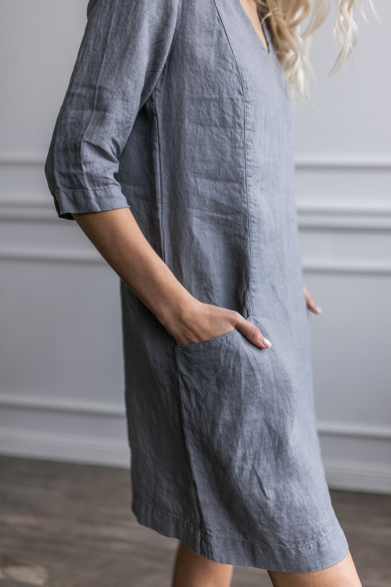 Linen Dress with Pockets: Gray Split Neck 3/4 Sleeve Shift Dress image 6