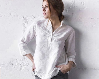 Oversized Linen Tunic Top: Stone Washed Collar Shirt