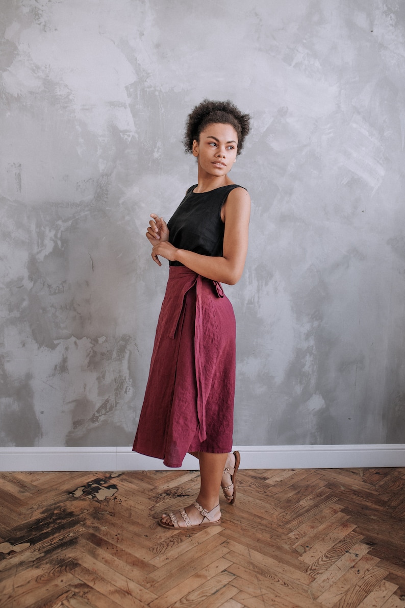 Wrap Skirt Linen with ties. Mid-calf length. Purple skirt, black skirt, green skirt, many colors are available image 5