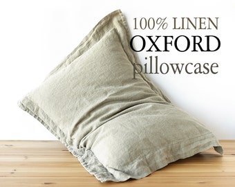 PILLOW CASE lino OXFORD con brida de 2" - almohada corporal prelavada funda de almohada de lino Ama de casa Queen King Tamaños estándar cubierta del cuerpo