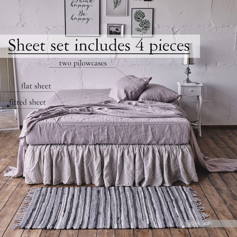 Bedding set 100% linen , 4pcs soft linen sheet set SLIP , bed sheet European bedding set Queen sheet set Double California Twin King image 4