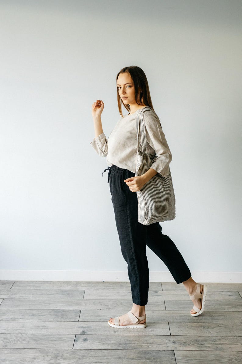 Handgjorda linnebyxor: Byxor med resår i midjan, plus size bild 9