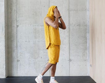 Men's Linen Tank Top and Shorts Set: Sleeveless Hooded Summer Outfit