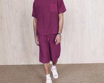 Men’s Linen T-shirt and Long Shorts Set with Pocket Top and Elastic Waist