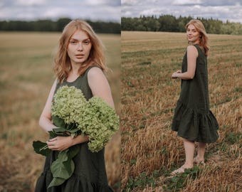 Sleeveless Linen Flounce Dress: Loose Fit, Comfortable Mid-Length