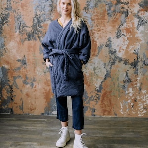 Gesteppte Leinen-Winterjacke: Warmer Damenmantel mit Gürtel Bild 1