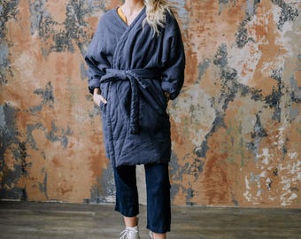Linen Quilted Winter Jacket: Women's Warm Coat with Belt
