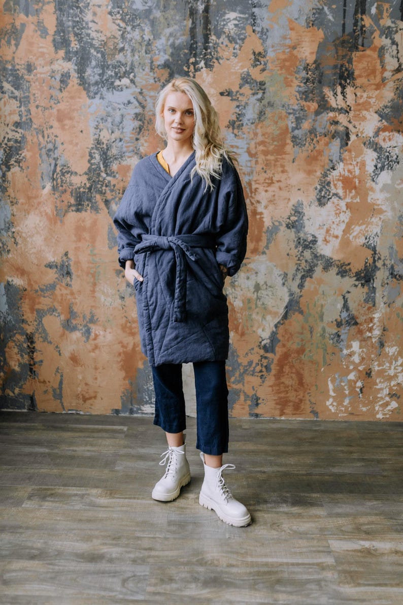 Gesteppte Leinen-Winterjacke: Warmer Damenmantel mit Gürtel Bild 1