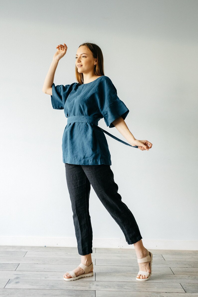 Handgjorda linnebyxor: Byxor med resår i midjan, plus size bild 6