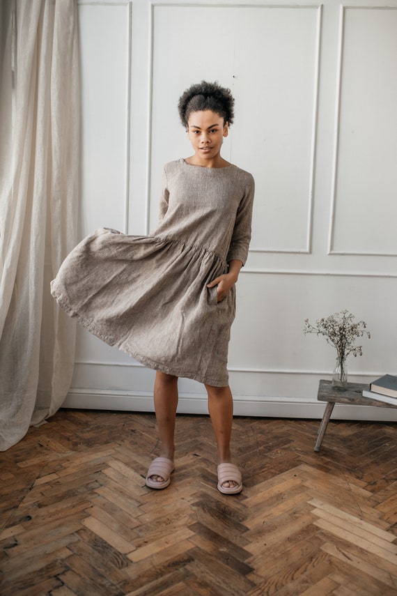 Loose Fit Linen Midi Dress with Pockets