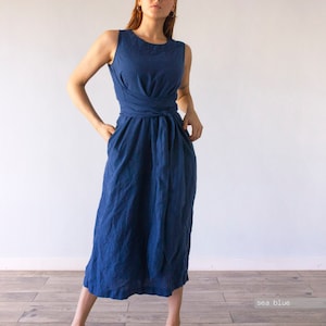 ROBE SANS MANCHES 100 % lin avec large ceinture, robe d'été en lin, robe en lin naturel, robe décontractée, Lenoklinen