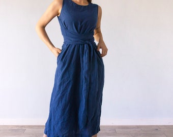 SLEVELESS DRESS 100% linen with wide belt, linen summer dress , natural linen dress, casual dress, Lenoklinen