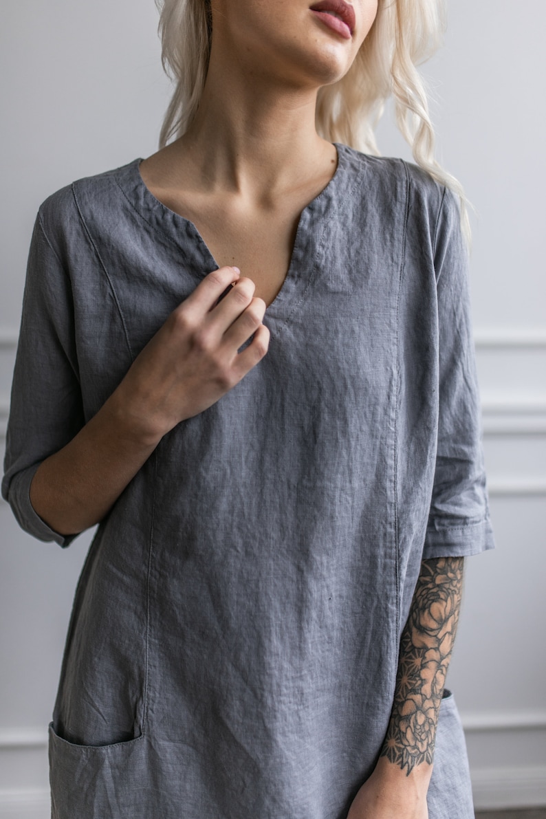 Linen Dress with Pockets: Gray Split Neck 3/4 Sleeve Shift Dress image 8