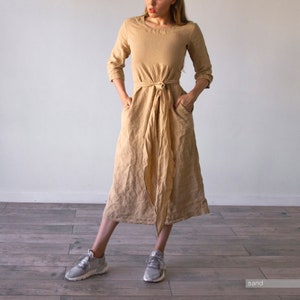 MAXI DRESS, pure linen dress, plus size dress, plus size clothing, long sleeve dress, obi belt dress, pure linen dress image 6