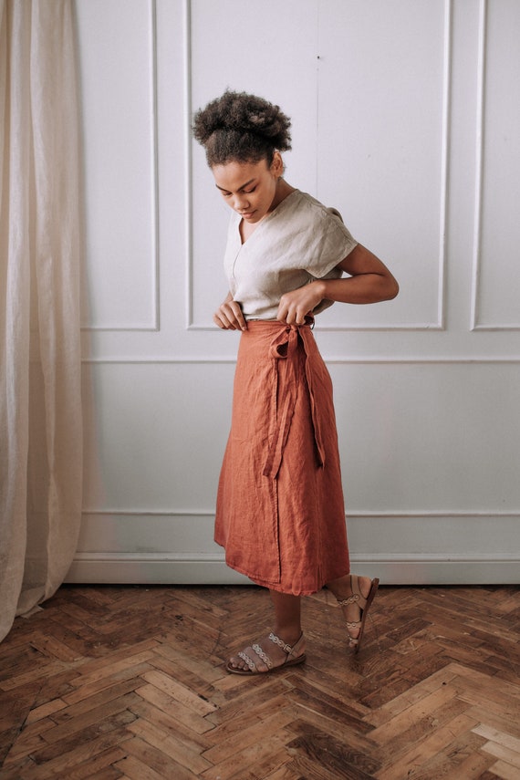 Linen A-line Skirt With Ties Linen Wrap Skirt Orange Skirt - Etsy