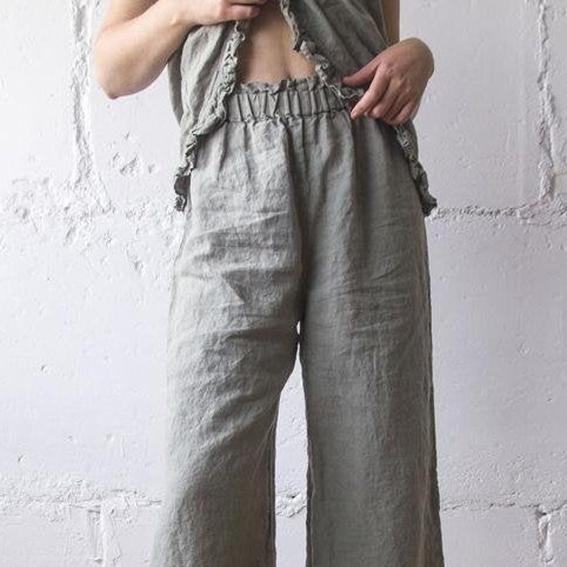 Linen Pajama Set: Sleeveless Ruffle Top & Capri Pants image 4