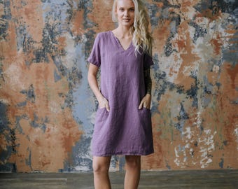 Linen Lavender Midi Dress: Split Neckline, Pockets