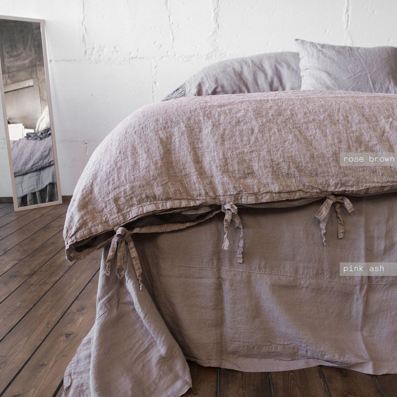 Funda nórdica de lino hecha a mano con lazos: ropa de cama orgánica suave y lavada.