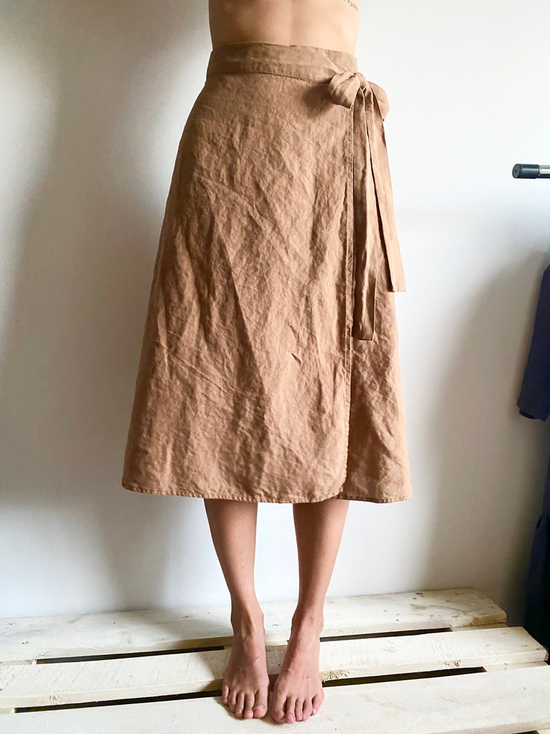 Linen Wrap Skirt, high waisted skirt, natural linen skirt for women, mid-calf skirt linen, linen circle skirt image 2