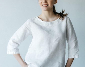 White Linen Tee Shirt Women: 3/4 Sleeve Summer Top