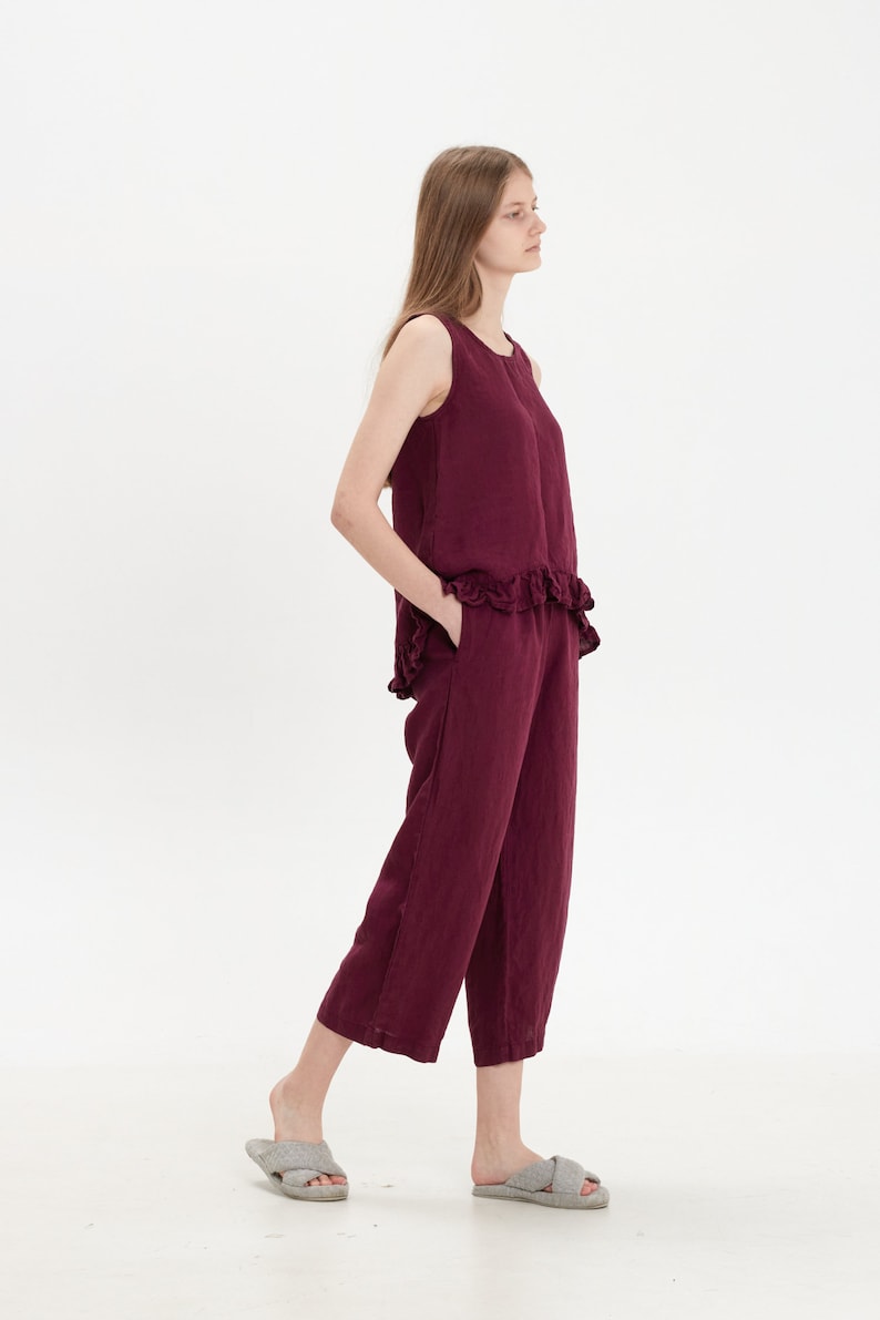 Linen Pajama Set: Sleeveless Ruffle Top & Capri Pants image 2
