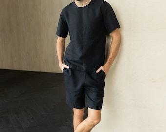 Natural Linen Men’s T-short Suit, 2 Piece Set