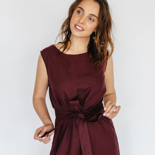 Handmade Linen Tank Dress: Sleeveless Midi Dress with Belt Handmade Linen Tank Dress: Sleeveless Midi Dress with Belt