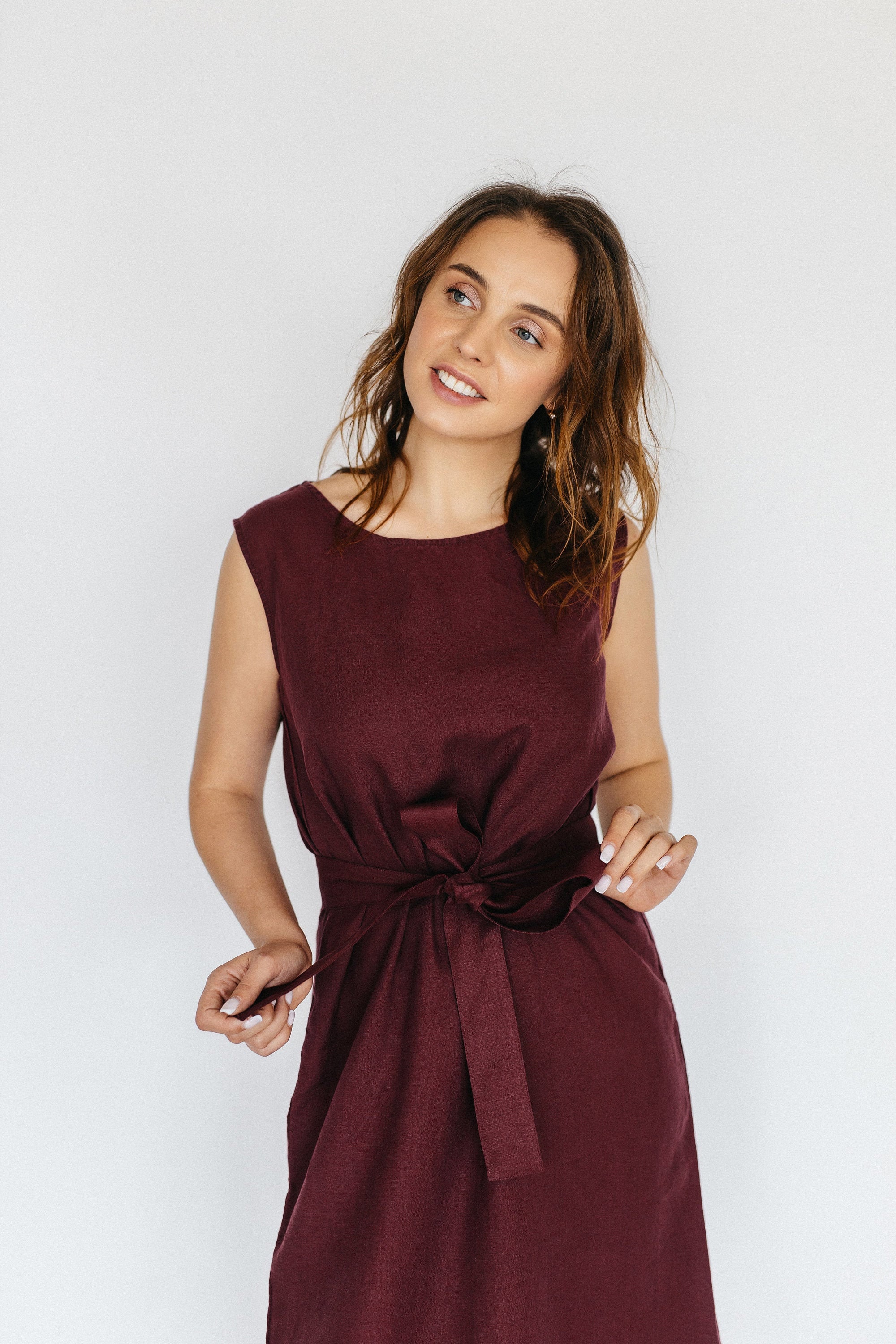 Linen summer tank dress, linen purple dress, linen minimalist dress, linen handmade dress, midi dress sleeveless with belt, loose fit dress