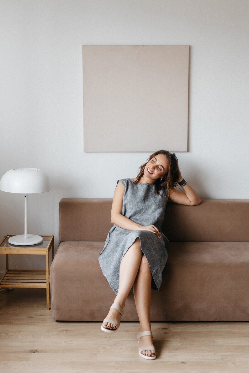 LINEN CASUAL DRESS, sleeveless dress below the knee with belt, gray dress, purple dress, white dress, black dress, blue dress, green dress image 10