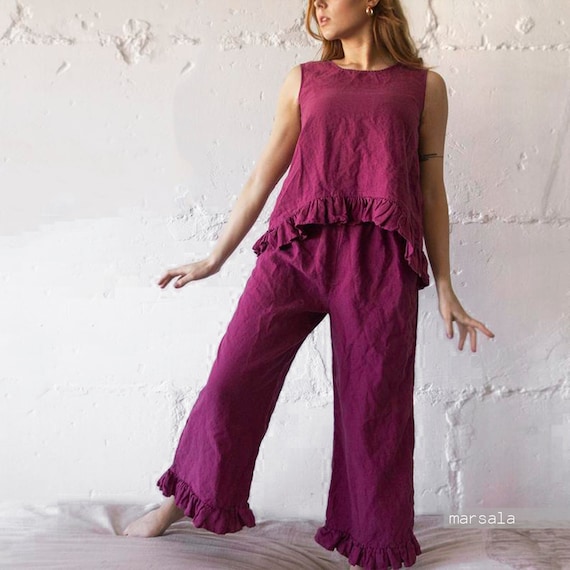 Handmade Linen Culottes: Ruffle Waist Wide Leg Trousers