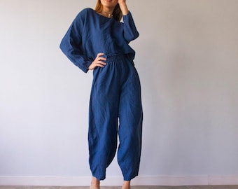 Oversized Leinen Pyjama Set: Pluderhose & 3/4 Ärmel Top