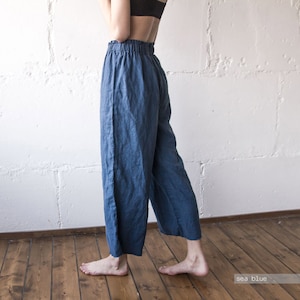 LINEN PANTS, handmade linen gaucho pants raw edges relax fit with elastic belt, woman clothing,100% linen pants for woman, linen culottes, image 7