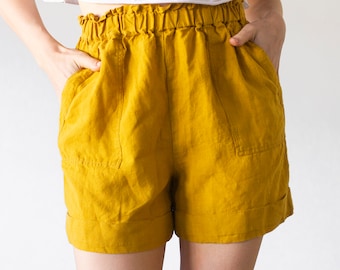 SHORTS con tasche, SHORTS IN LINO, pantaloncini da donna, pantaloncini taglie comode, pantaloncini larghi, pantaloncini oversize, pantaloncini a vita alta, pantaloni taglie comode