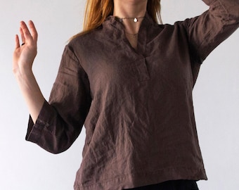 Camicia in lino con scollo a V: top oversize a maniche a 3/4