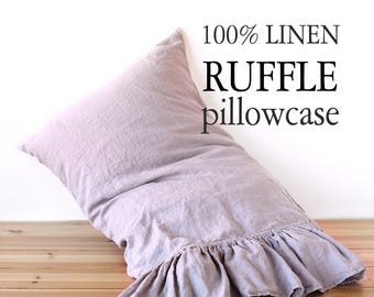 May include: A dusty mauve 100% linen ruffle pillowcase featuring a textured fabric surface and a gathered ruffle trim along one edge. The text 100% LINEN RUFFLE pillowcase is printed in black in the upper right corner of the image.