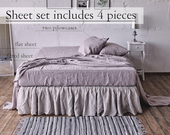 May include: A four-piece bedding set in a light mauve color, including a flat sheet, a fitted sheet, and two pillowcases. The text on the image reads: Sheet set includes 4 pieces, two pillowcases, flat sheet, fitted sheet, and pink ash.