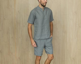 Men's Linen Mandarin Collar Shirt and Shorts Set - Summer Outfit