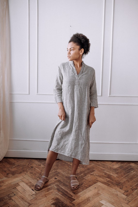 Linen Long Shirt Dress With 3/4 Sleeve Linen Tunic Relaxed Fit