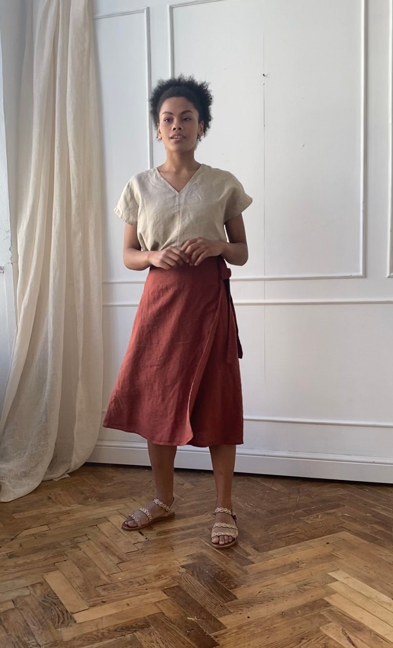 Linen wrap skirt with side tie. A-line skirt image 8