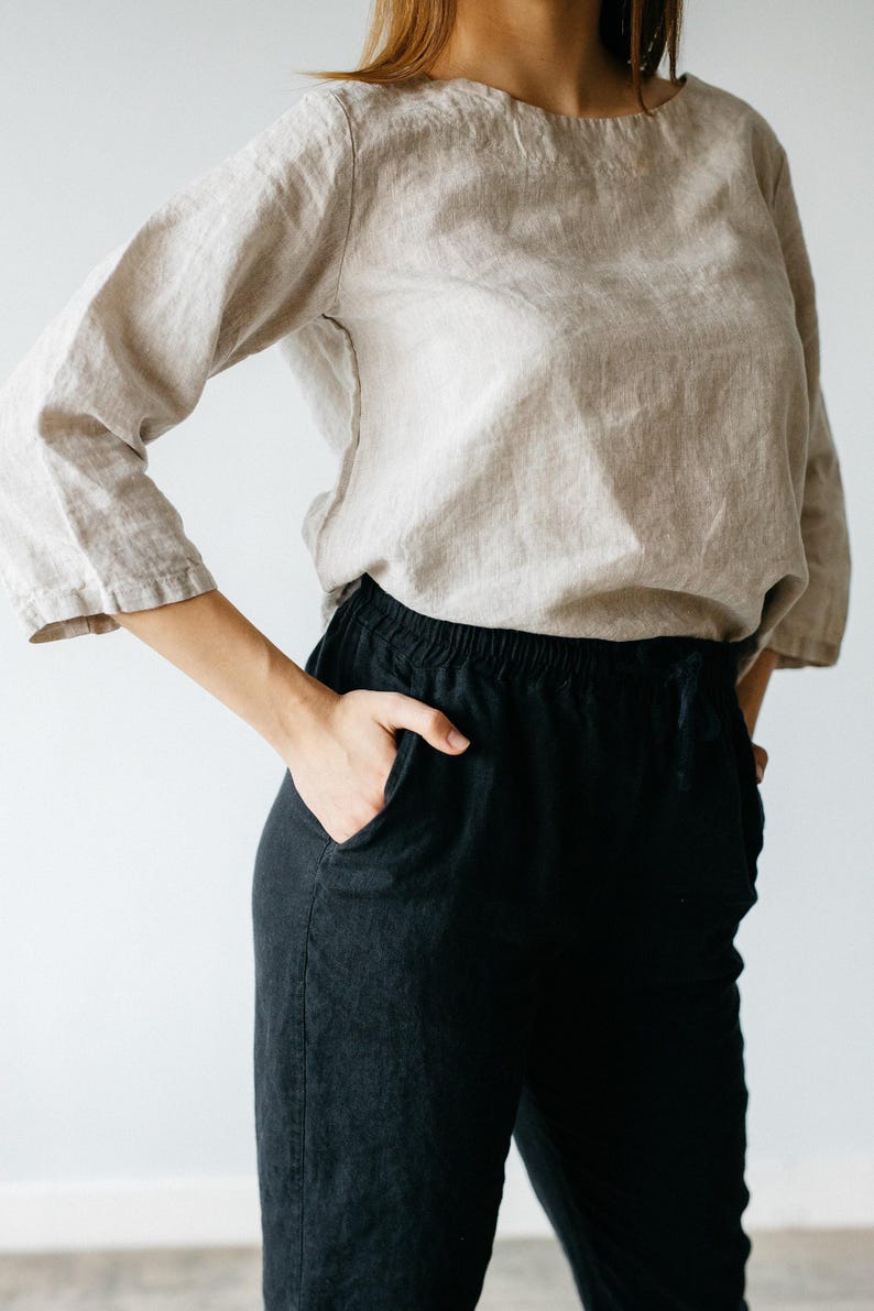 Handgjorda linnebyxor: Byxor med resår i midjan, plus size bild 7