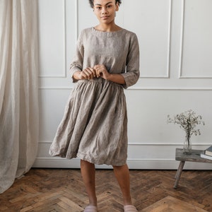 Linen circle dress with pockets knee length skater dress linen dress 3/4 sleeves and crew neckline 画像 7